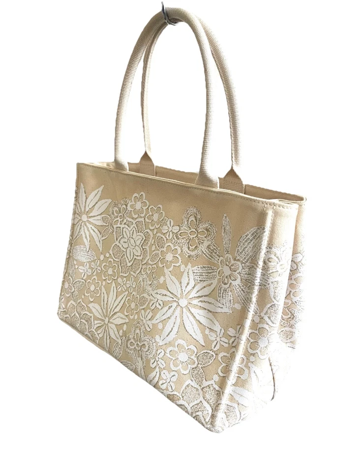 Bolso de Mano Oscar de La Renta Neutro Algodón Lona Tamaño Mediano Crudo Floral Bordado Foto 3 de 4