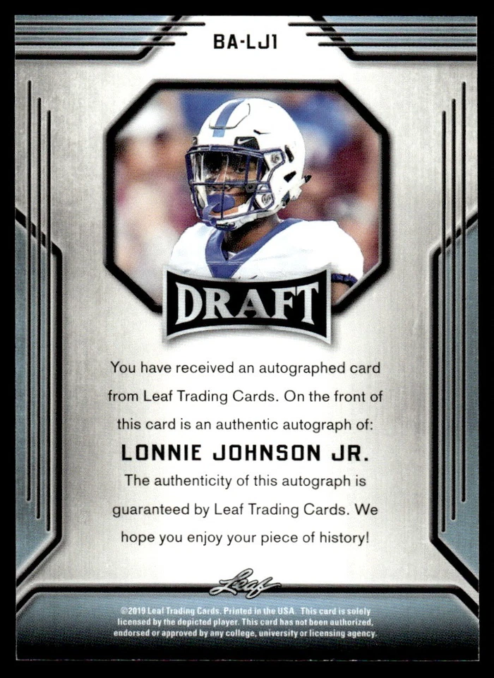 2019 Leaf Draft Autographs Lonnie Johnson Jr. Auto Kentucky Wildcats #BA-LJ1 - Image 2 of 2
