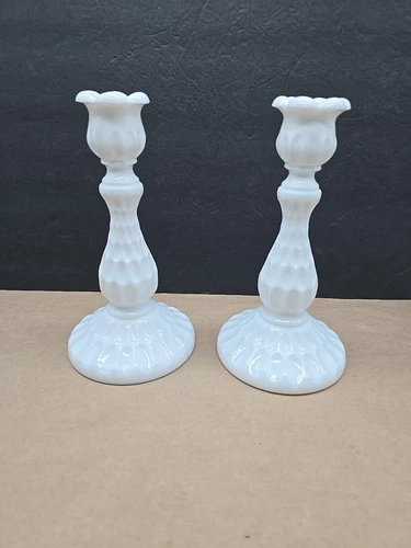 Vintage MCM Fenton Olde Virginia Milk Glass Thumbprint Candle Holders
