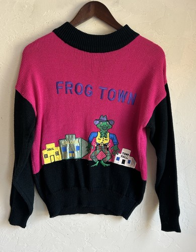 Rare Vintage Fashion Force Frog Town Novelty Sweater S Kitsch Western Appliqué 