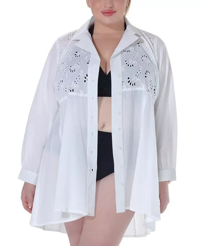 Raviya Plus Size Cotton Eyelet Button-Front Cover-Up Dress MSRP $58 - Picture 1 of 5