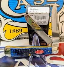 CASE XX 4 1/8" CLOSED TRAPPER NAVY BLUE BONE HANDLE & RED SHIELD TRU-SHARP BLADE