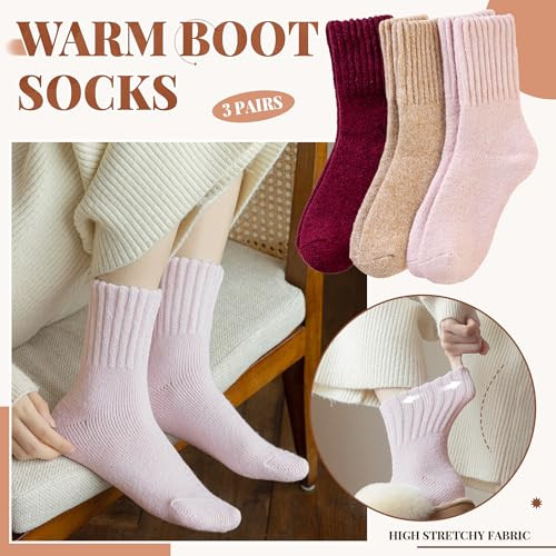 Wool Socks for Women Merino Wool Boot Hiking Thick 3 Pairs Pink/Oatmeal/Red - Bild 3 von 6