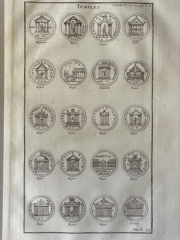 Temples 5 Kupferstich Montfaucon Antiquité Tempel Säulen Architektur Münzen 1722 - Bild 4 von 4