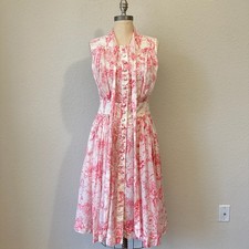 CAROLINA HERRERA Midi Dress Womens Sz 8 Pink White Toile De Jouy AOP Silk Cotton