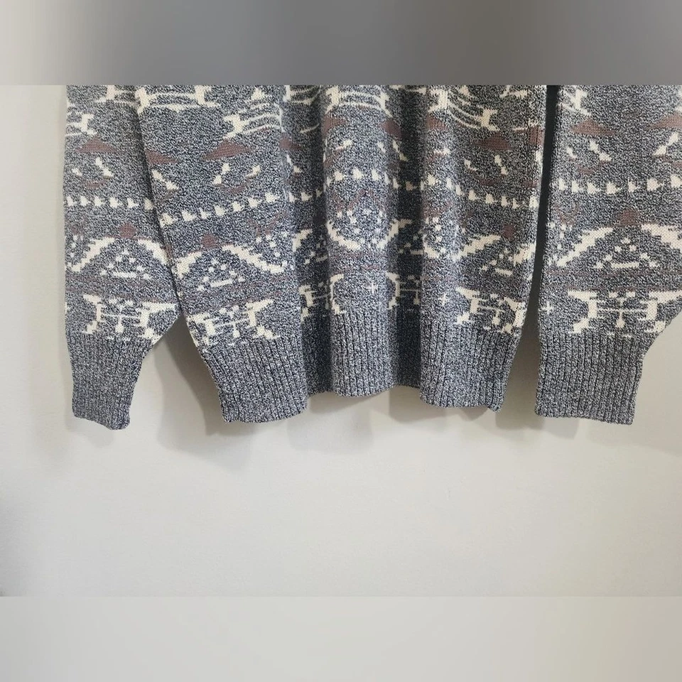 复古 Damon Grandpa 毛衣男式 L 美国制造 100% 棉灰色几何针织 — 第 4/4 张图片