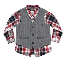 Children  s Place 18-24M Boys Plaid Shirt Vest Outfit Set Gray Red Holiday Dressy