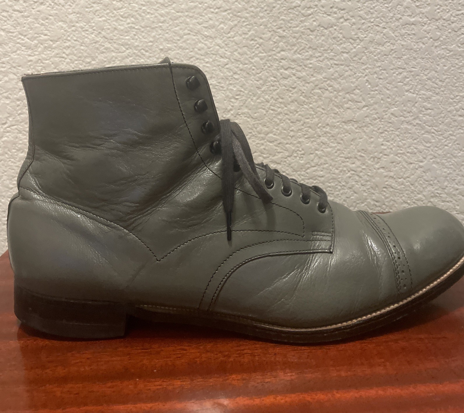 VTG Stacy Adams Madison Olive Green Grey Leather Cap Toe Boots Mens Size 11 E