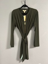 Michael Kors Dress Size XL Olive Green Zip Front Long Sleeve Belted