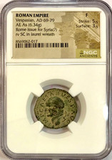 69-79 AD Vespasian Left Face Ancient Roman 22mm Bronze AE As Rome Issue NGC Fine