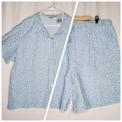 Erika Shorts Top Set 3X Blue Micro Floral Cotton Drawstring Button Short Sleeve