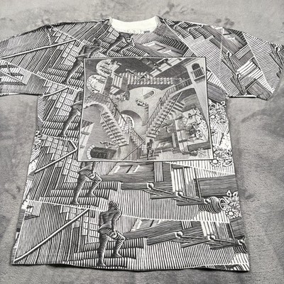 Vintage 90s M.C. Escher All Over Print Andazia Relativity Staircase Men's Medium
