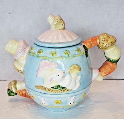 Easter Teapot 3 piece Set w Cup and Lid Bunny Rabbit Mushrooms Blue WCL Ceramic