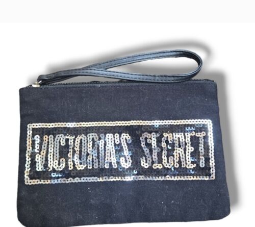 Victoria's Secret Wristlet Pouch Black Silver Sequin Logo