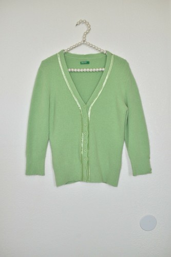 Cardigan Benetton Vert Lime - Taille S, Occasion Très Bon État, Style Années 70