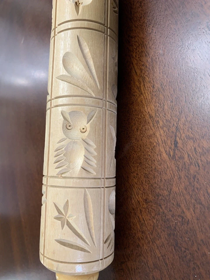Vtg Embossing Wooden Carved Birds Nature Cookie Pie Mold Baking Rolling Pin USA - Изображение 2 из 4
