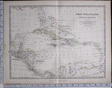 1881 LARGE ANTIQUE MAP WEST INDIA ISLANDS CENTRAL AMERICA CUBA JAMAICA HAITI