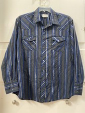 Vintage Wrangler Shirt Mens 3XL Black Blue Striped Flannel Pearl Snap Western