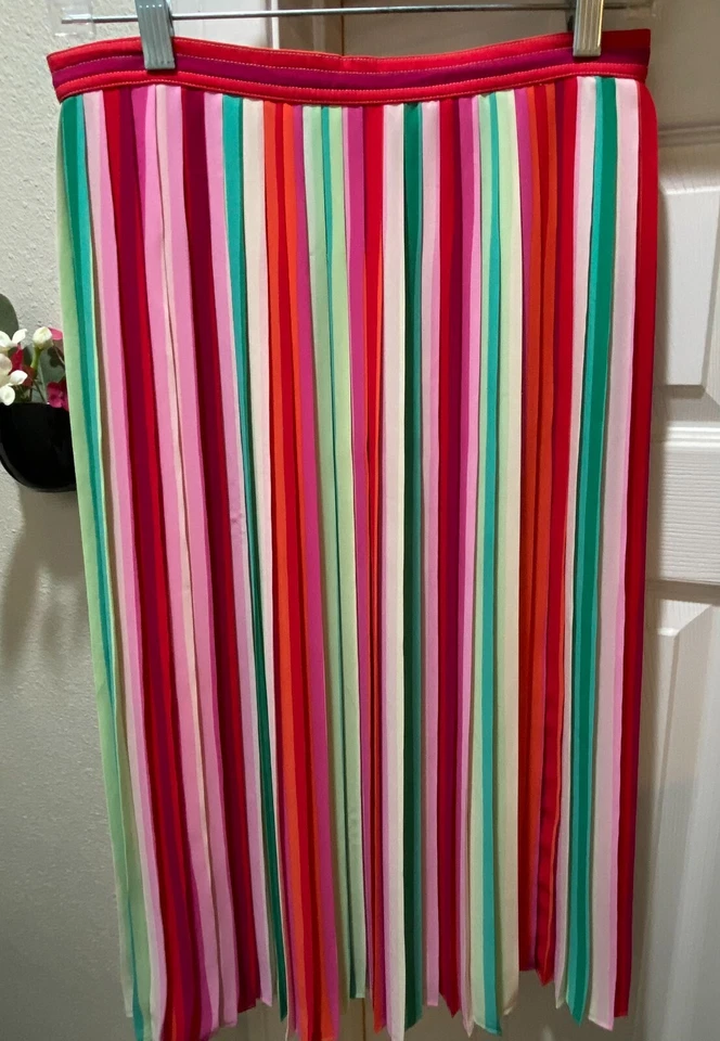 J CREW Women's Sunburst Pleated Midi Skirt in Watermelon Stripe Size 2 LOWSHIP - Image 3 of 4