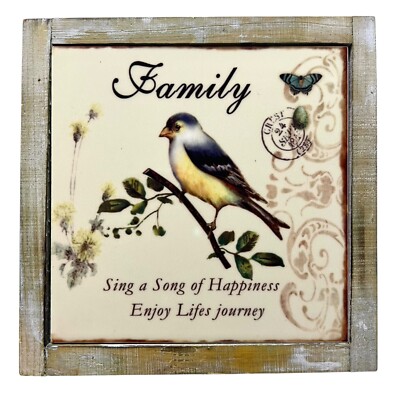Ceramic Art Tile Family Bird Framed Rustic Decor Sing a Song of Happiness 7 in^