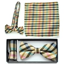 New Pre Tied Bow Tie Brown Tan Green Pink Hankie Handkerchief Plaid Checkers
