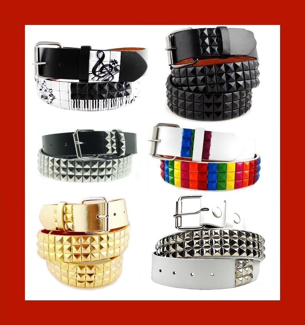 Various Unisex 3-Row Metal Pyramid Studded Leather Belt Mens