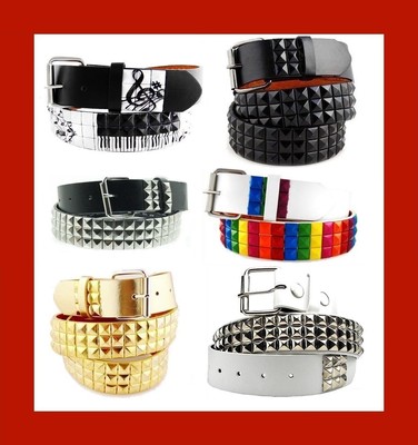 Various Unisex 3-Row Metal Pyramid Studded Leather Belt Mens Womens Punk  Rock