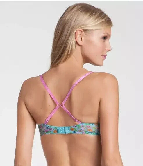 Betsey Johnson Mesh Bump M' Up 723236 Bra Underwire Padded 32DD Aqua Floral Pink - Image 3 of 4