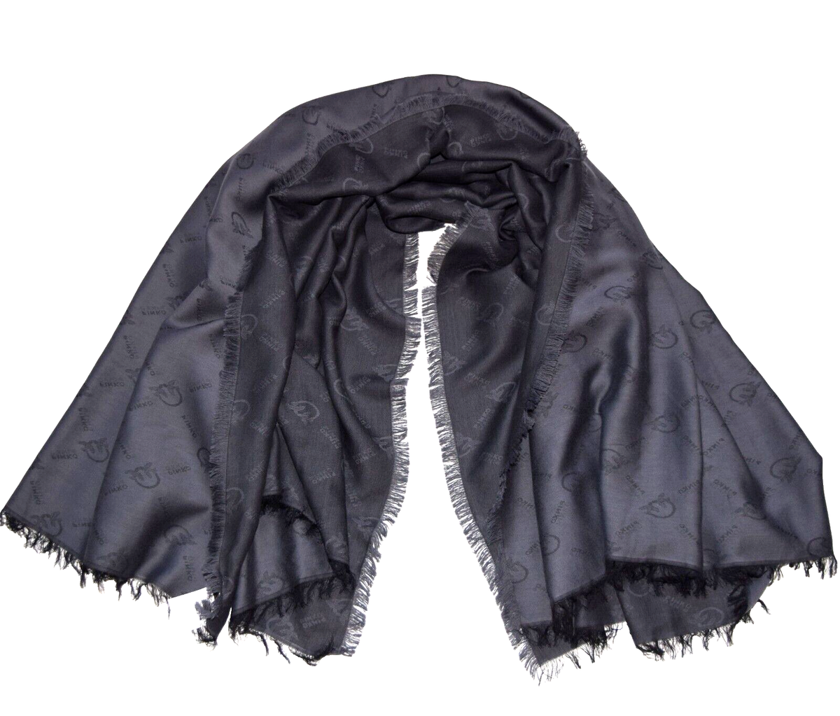 PINKO Brevis Sciarpa Monogram Jacquard Gray Black Lovebirds Print