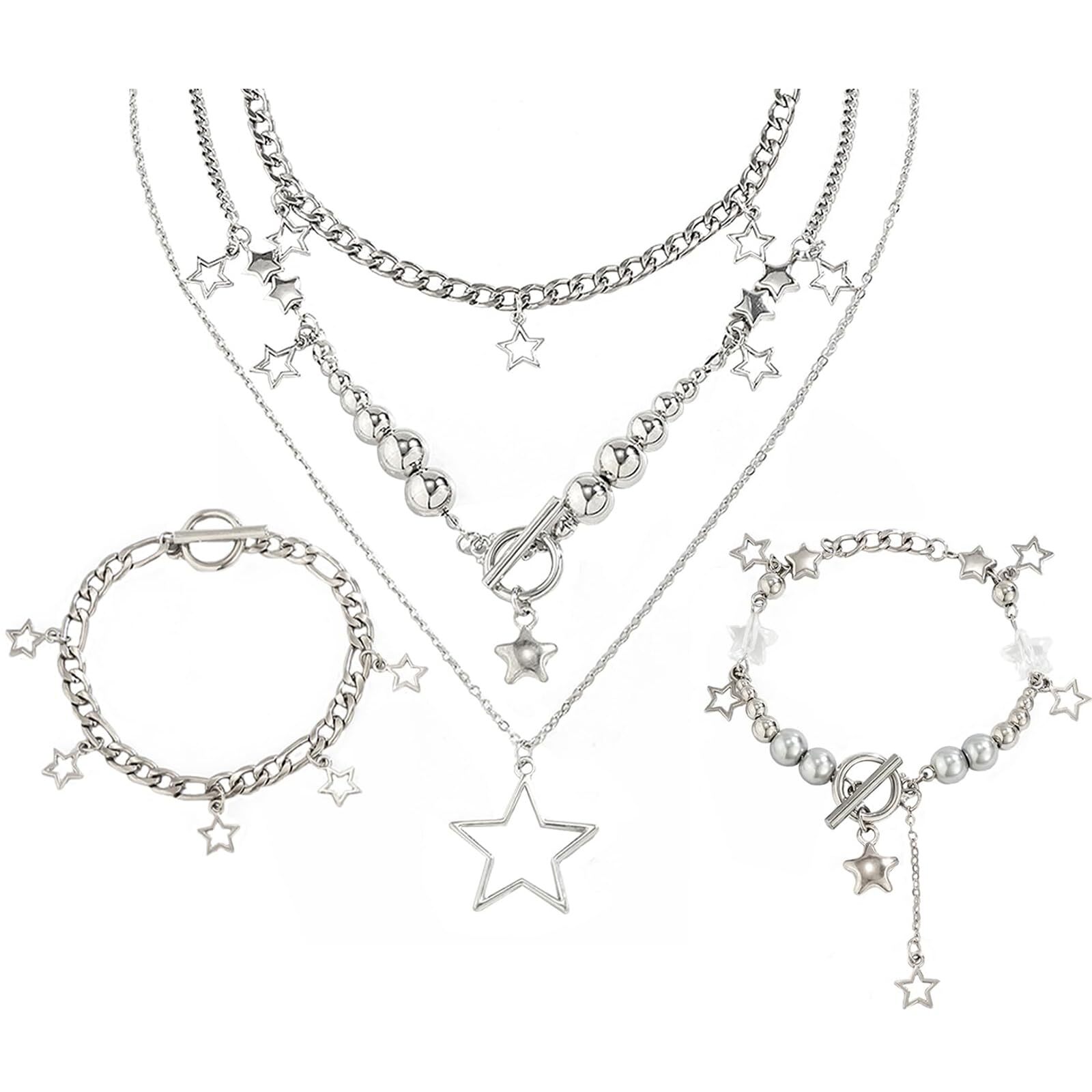 2 Pieces Silver Star Necklace Y2K Jewelry Set Grunge Necklace Kawaii Cute Neckla