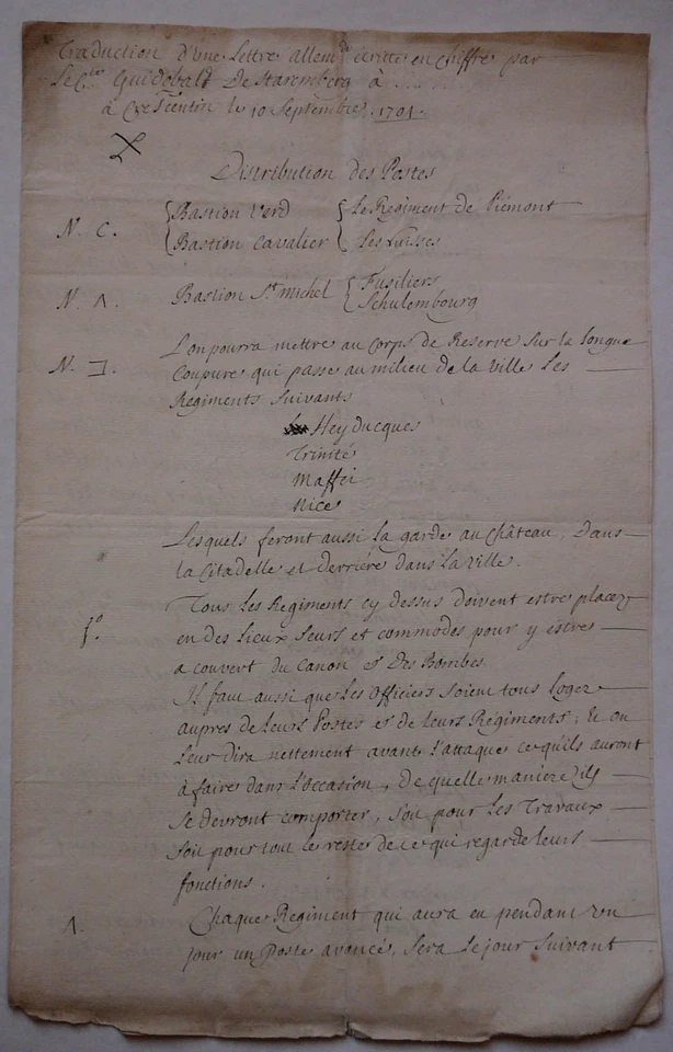 Traduction LETTRE CHIFFRÉE de Guido Starhemberg. Bataille de Schellenberg. 1704 - Photo 1/1