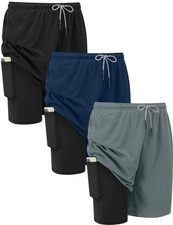 3 Pack Mens 2 in 1 Running Sports Shorts Gym Workout Quick Dry Athletic Train...