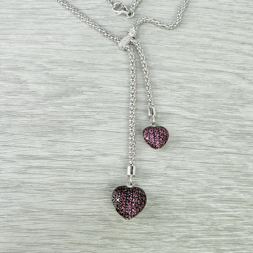 Sterling Silver Lavalier Pink Sapphire or Ruby Heart Diamond Y Drop Necklace - Afbeelding 5 van 23