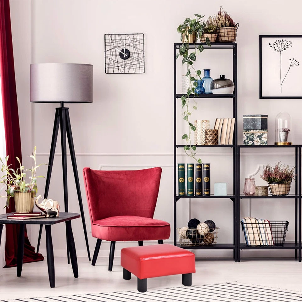 PU Leather Ottoman Rectangular Footrest Small Stool w/ Padded Seat Red - Image 3 of 4