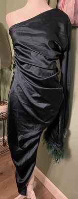 Blithe LA Royal Dutchess Green OneSleeve Feather Ruched Mini Bodycon Dress Large