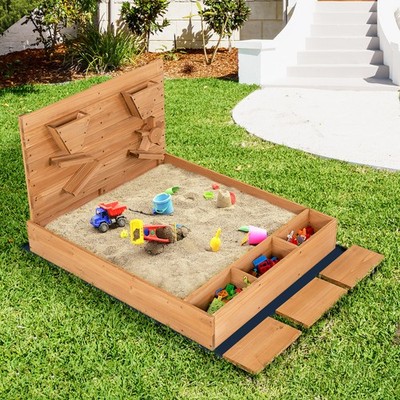 Kids Wooden Sandbox with Sand Wall, Oxford Fabric Cover & Liner for Outdoor