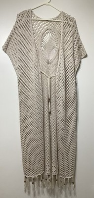 indigo thread co Women Beige Crochet Bead Fringe Cap Sleeve Tie Cardigan Size 3X