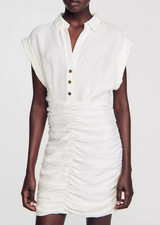 Sandro Women's Dress Short Sleeve Gathered White Linen Blend FR 40 / US 8 L