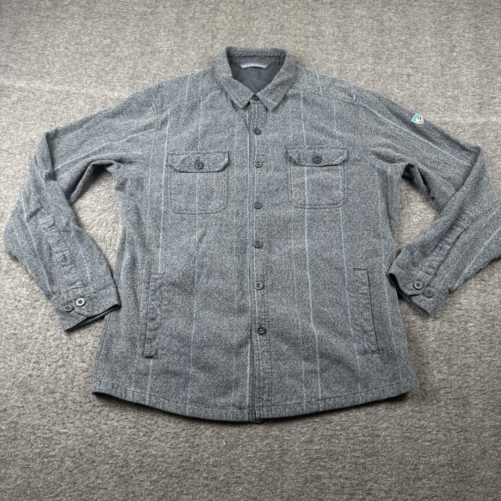 KUHL Deviatr Shirt Jacket Mens Medium Gray Plaid Flannel Pockets Outdoors Hiking