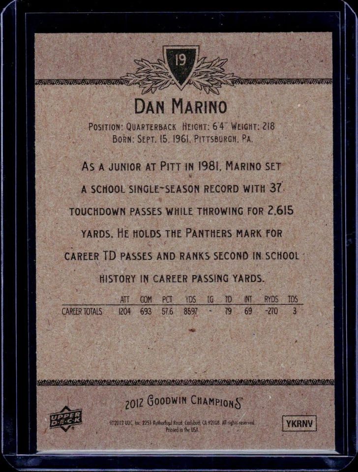 Multisport Upper Deck 2012 Upper Deck Goodwin Champions #19 Dan Marino - Image 2 of 2