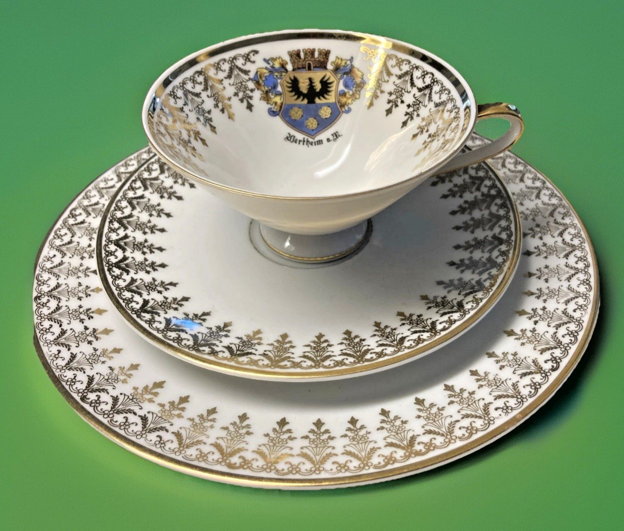 vintageFMR  Berthaim Crest Germany demitasse tea cup saucer, plate gold detail