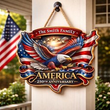 Personalized America 250th Anniversary Wood Sign, Patriotic Eagle Door Hanger