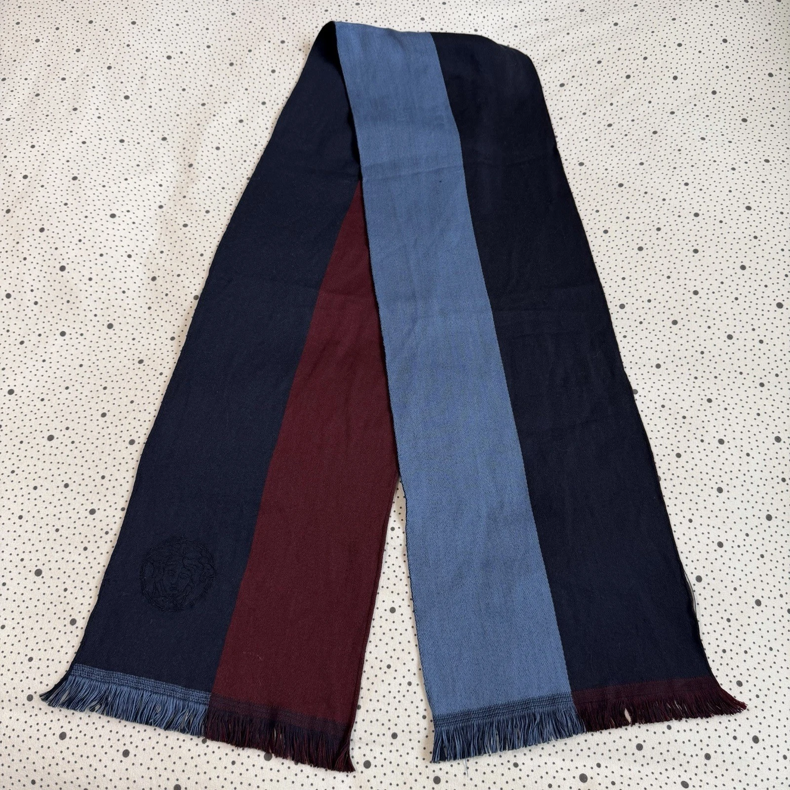 Versace Wool Scarf Blue Burgundy Medusa & Stripe Design Reversible
