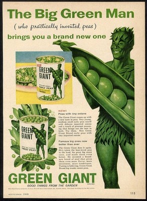 GREEN GIANT Canned Peas Ad 1959 Big Green Man Vegetables