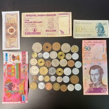 Mixed World Currency Collection Lot Banknotes & Coins Zimbabwe Indonesia 45+Pc