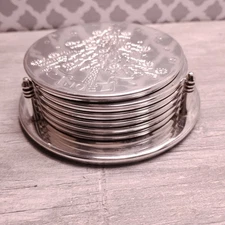 Vintage Silverplate Coaster Set Of 6 with Holder Christmas Tree Design Noel Star