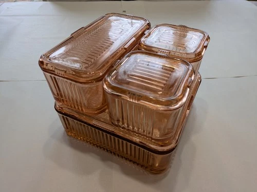 Vintage Pink Depression Glass Federal Glass Refrigerator Dish Set With Lids