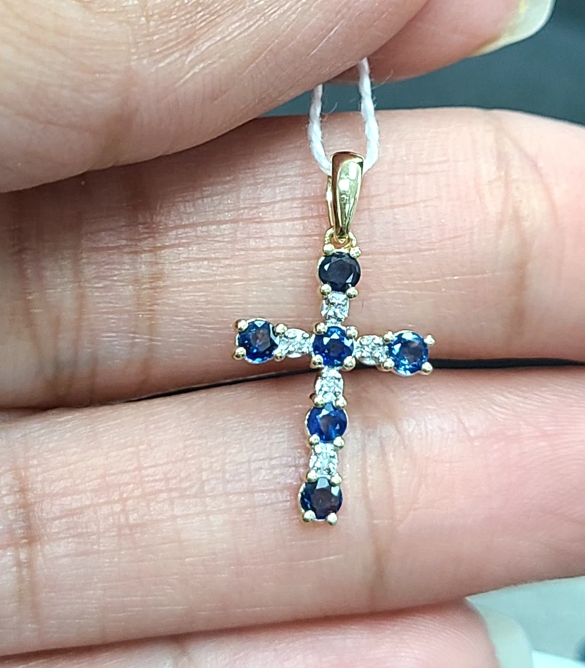 优惠! 0.40 克拉正品蓝宝石和钻石交叉吊坠小饰品 14K 金色 20 毫米 — 第 4/4 张图片