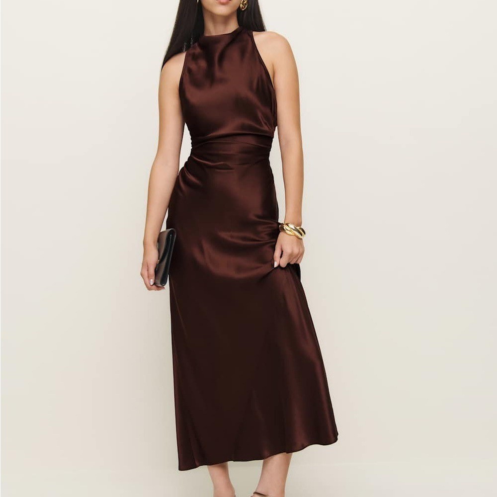 Reformation Casette Silk Dress, Mahogany Brand New image 6