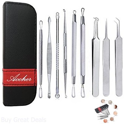 Blackhead Remover Acne Tool Kit , Aooher Professional Stainless Steel Comedone Extractor Instrument Tool Set For Curing Facial Blemish Whitehead 9Pcs (759894274249)